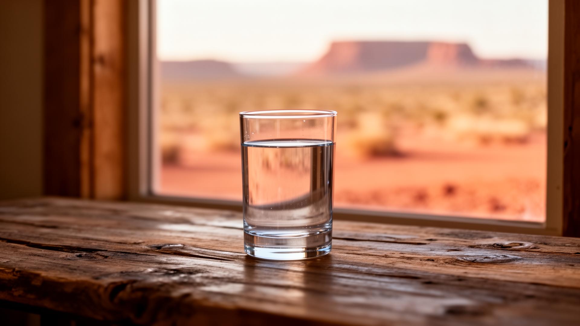 Glass of clean filtered water with West Texas desert through the window